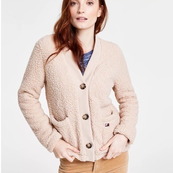 Tommy Hilfiger faux Sherpa cardigan sweater women’s size medium. Color is fawn - Picture 1 of 7